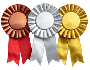 Three colorful rosette ribbons arranged, bronze, silver, and gold, against a black backdrop
