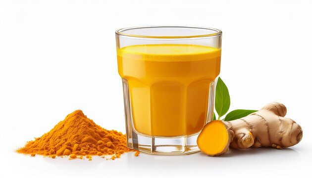 stunning photo of glass of turmeric tonic with turmeric powder and ginger isolated on white background