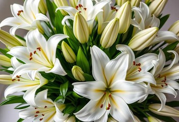 Elegant white lilies arranged in a bouquet, lush and pristine,  delicate,  summer