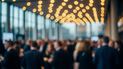 Blurry scene of people at a formal indoor event with decorative lighting