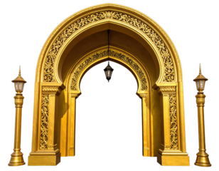 Golden, ornate archway with carved details. Flanked by tall, decorative lamps, centered on black