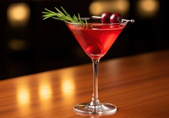 Red cocktail with rosemary and cherries isolated on black background