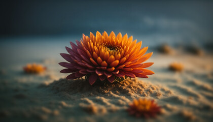 fleur orange &eacute;clatante sur le sable au coucher du soleil