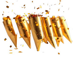 Golden stream of folded metallic sheets with confetti, emerging from a center element