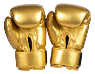 Gleaming, golden boxing gloves arranged closely, suggesting combat sports and athletic equipment