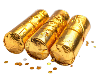 Three gold foil-wrapped items with festive confetti on a solid black background