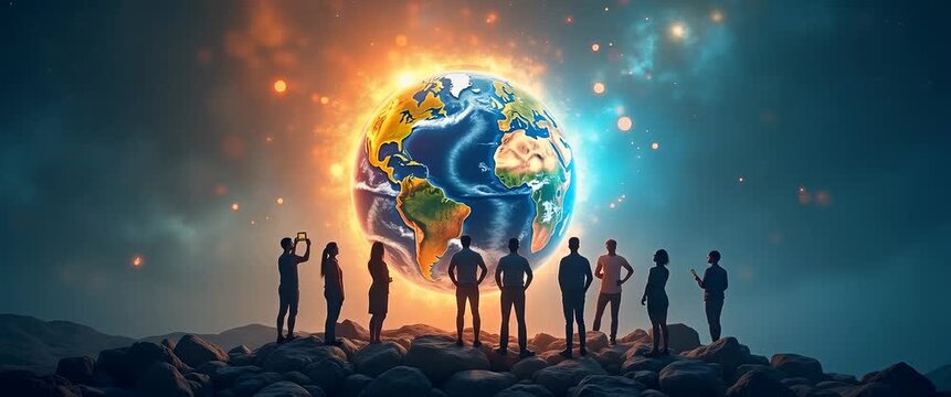 Photo realistic as People with Earth and Business Process Models concept as A group of people developing business process models with an earth model set against a fantastical background offering ample