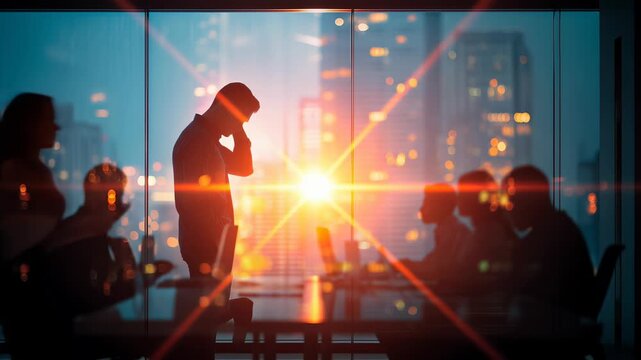 Silhouette of man overworking in office after-hours with fatigue, Shadow of businessman enduring late-night exhaustion at desk 4k