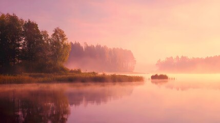 Fototapeta premium Serene Sunrise Over Misty Lake - A Tranquil Morning Landscape.