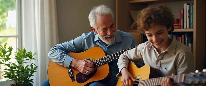 Elderly father and adult son playing guitar and singing together depicting happy family bonding through music. concept as Elderly father and adult son playing guitar and singing together depicting hap
