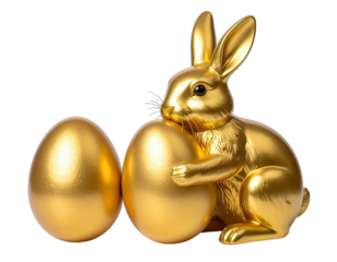 Golden bunny statue lovingly embraces golden Easter eggs on a seamless black background