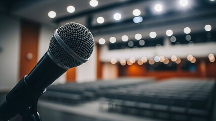 A microphone in a lecture hall with empty seats and stage lights