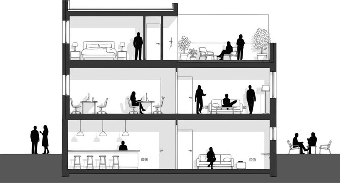 Architectural section drawing of a modern multi story building with people depicted on each floor