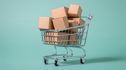 Shopping cart overflowing with cardboard boxes, representing online orders and deliveries.