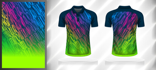 Vector sport pattern design template for Polo T-shirt front and back with short sleeve view mockup. Dark and light shades of blue-green-pink color gradient abstract grunge line texture background.