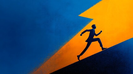 Silhouette of a man running up a golden lightning bolt, representing ambition and success.