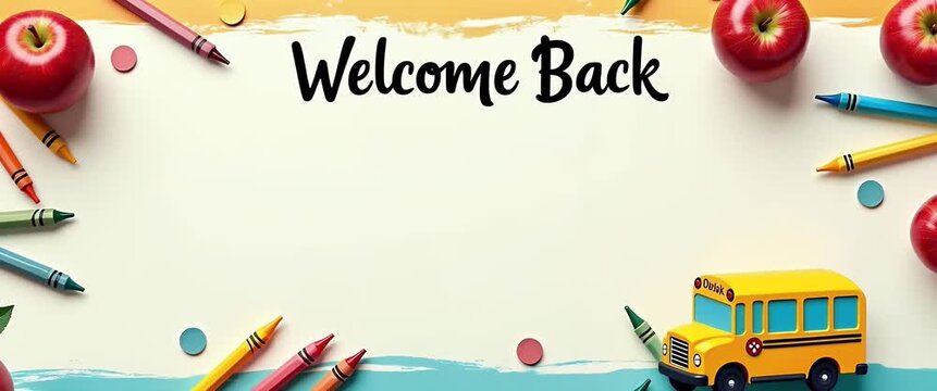 Photo realistic as School Bus Border with Apples and Welcome Back Wording concept as A vibrant border frame featuring a yellow school bus apples and colorful crayons. The words Welcome Back are promin
