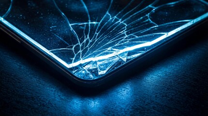Cracked glass screen with cold blue light leaking from beneath