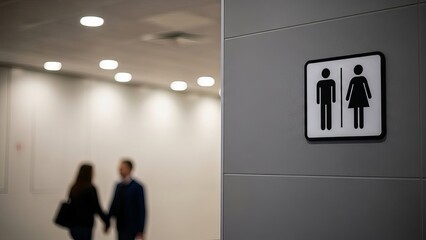 Restroom sign with unidentifiable figures in background