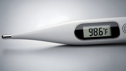 A close-up shot captures a digital medical thermometer displaying a healthy body temperature of 98.6°F, indicating wellness and no fever.