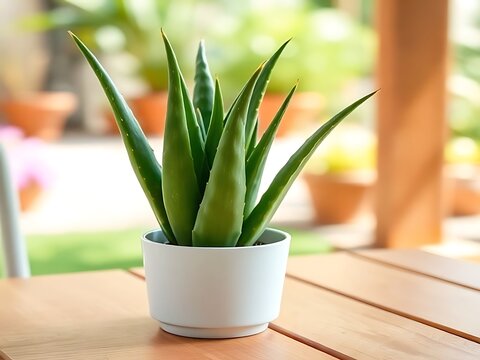 A Green And Healthy Aloe Vera Plant in White Pot on Wooden Table