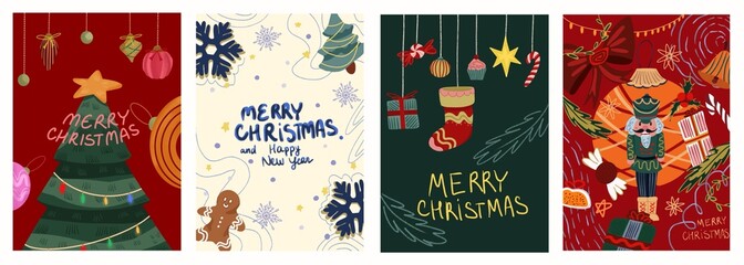 Christmas card set holiday flyers. Merry Christmas and New Year invitations and decorative elements. 