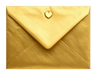 Close-up of a golden envelope sealed with a heart-shaped stud