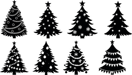 Fototapeta premium Christmas tree silhouettes with decorations and stars in black vector design for holiday season festive use