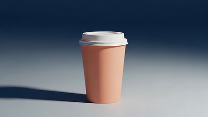 A salmon colored reusable coffee cup with a white screw on lid on a gradient background