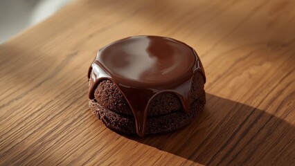 A realistic mini chocolate cake with chocolate glaze, simple design, placed on a wooden table, natural light, high detail, professional food photography