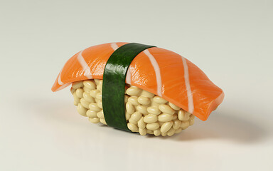 A vibrant and stylized render of a classic salmon nigiri sushi piece with detailed textures