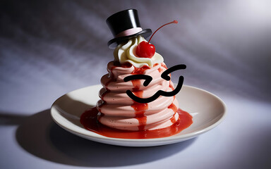 Whimsical strawberry soft-serve sundae adorned with a mini top hat and cherry
