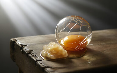 Golden yolk encased in a shattered glass sphere on a rustic wooden table