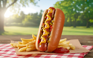 Classic hot dog and crispy french fries served on a checkered cloth in a sunny park setting