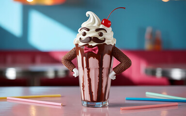 A dapper strawberry milkshake character with a mustache and bow tie in a retro diner