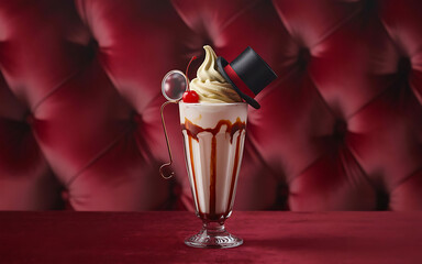 Whimsical milkshake creation with a mini top hat and monocle on a rich red velvet background
