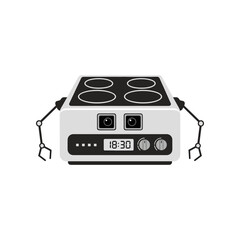 Cartoon Robot Stove Character with Four Burners and Digital Display.