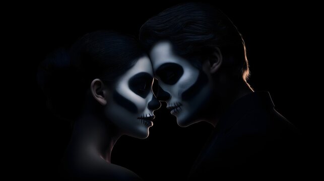 Romantic couple portrait with Catrin and Catrina makeup on black background