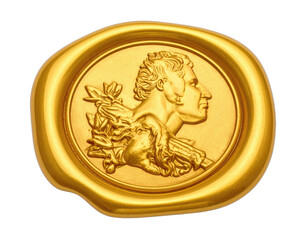 A golden, ornate wax seal featuring a profile of a person with laurel leaves