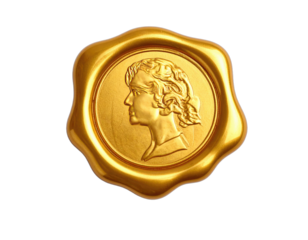 A detailed golden wax seal of a classical profile, with a wavy outer rim, set on black background