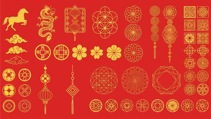 Golden Chinese New Year Traditional Ornaments Collection with Auspicious Symbols. Festive Asian Cultural Decorative Elements for Celebratory Design on Red Background