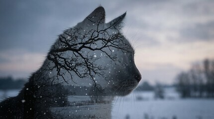 Artistic Double Exposure of a Cat Profile and Bare Winter Tree Branches in the Snow at Twilight, Calm Nature Art