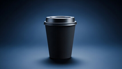 A black insulated coffee cup with a sleek design and silver lid on a dark blue background