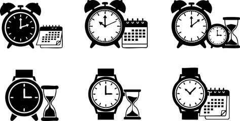 Alarm clocks with calendar and hourglass icons time management and scheduling concept vector set