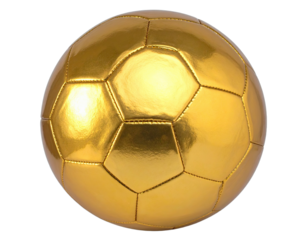 Gleaming, golden sphere in the form of a classic soccer ball, with a highly reflective surface
