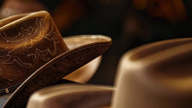 A rugged yet elegant cowboy hat made of rich brown leather with detailed lacework on the band and a shiny gold buckle.