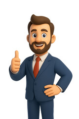 3D CGI of a smiling bearded man in a blue suit, white shirt, and red tie, giving a thumbs up, transparent background