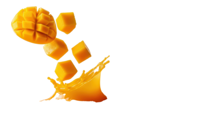 Perfectly cubed, vibrant orange mango pieces splashing into glistening mango puree, frozen mid-air in a high-key minimalist studio with copy space, natural freshness concept