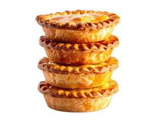 A stack of four golden-brown baked pastries with flaky crusts, isolated on a black background