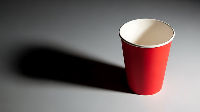 A red disposable coffee cup on a gray background with a shadow